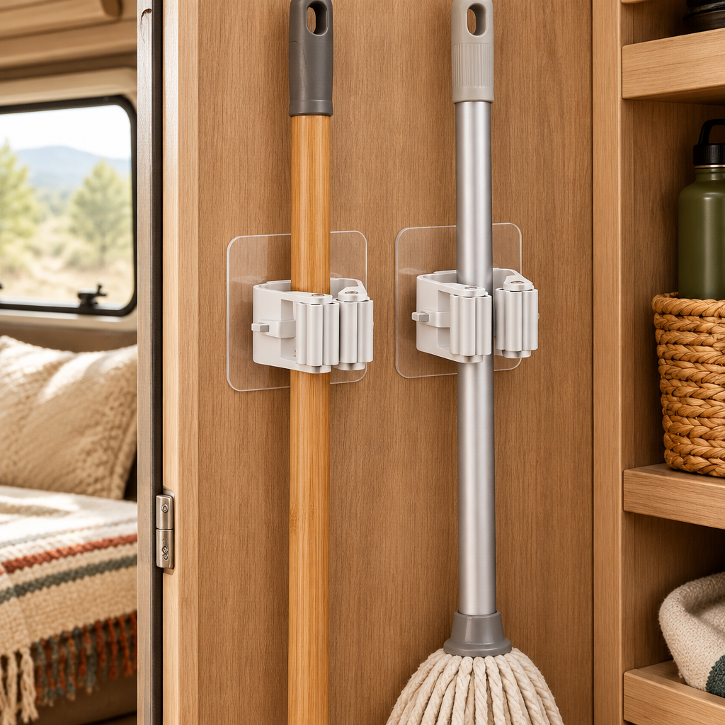 No-Drill Mop & Broom Holder (Pack of 2) – Wall Mounted, Strong Adhesive