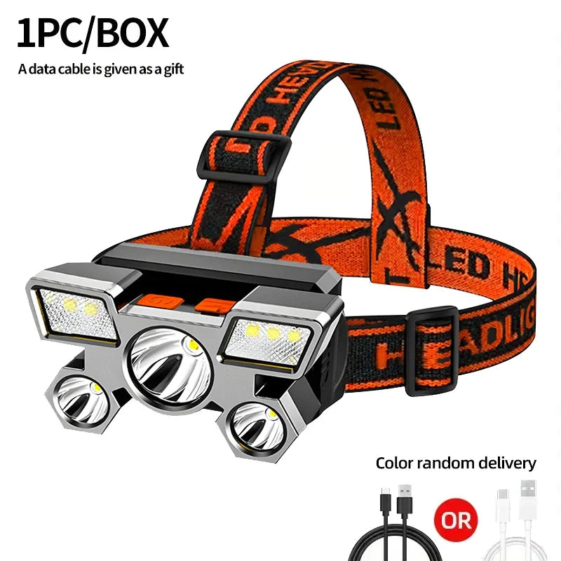 5 LED Flashlight Rechargeable with Built in Lithium Battery Strong Head Light Camping Adventure Fishing Cycling Headlamp