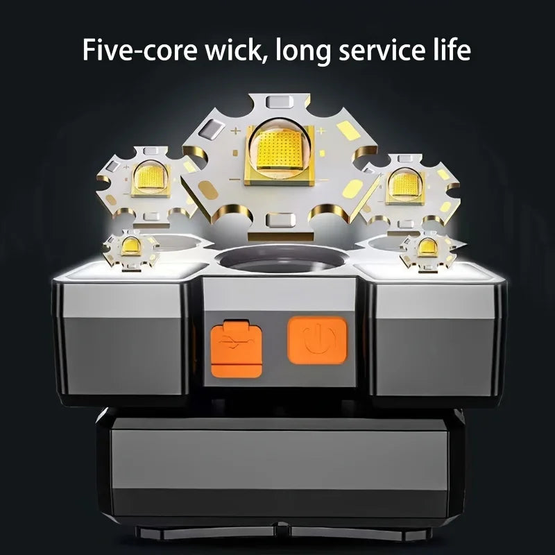 5 LED Flashlight Rechargeable with Built in Lithium Battery Strong Head Light Camping Adventure Fishing Cycling Headlamp