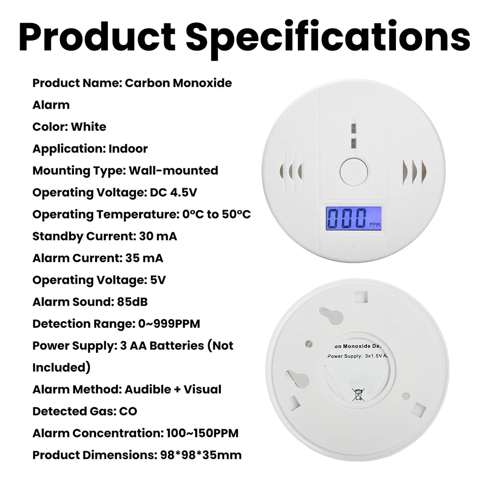Carbon Monoxide Detector Household Smoke Alarm Gas Leak Detector High Sensitive Warning LCD Display CO Alarm Tester
