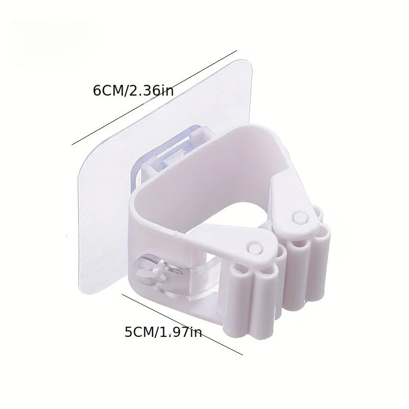 2PCS Wall Mounted Mop & Broom Holder, No Drill Organizer, Strong Adhesive Hanger, Bathroom Mop Clip Organizer