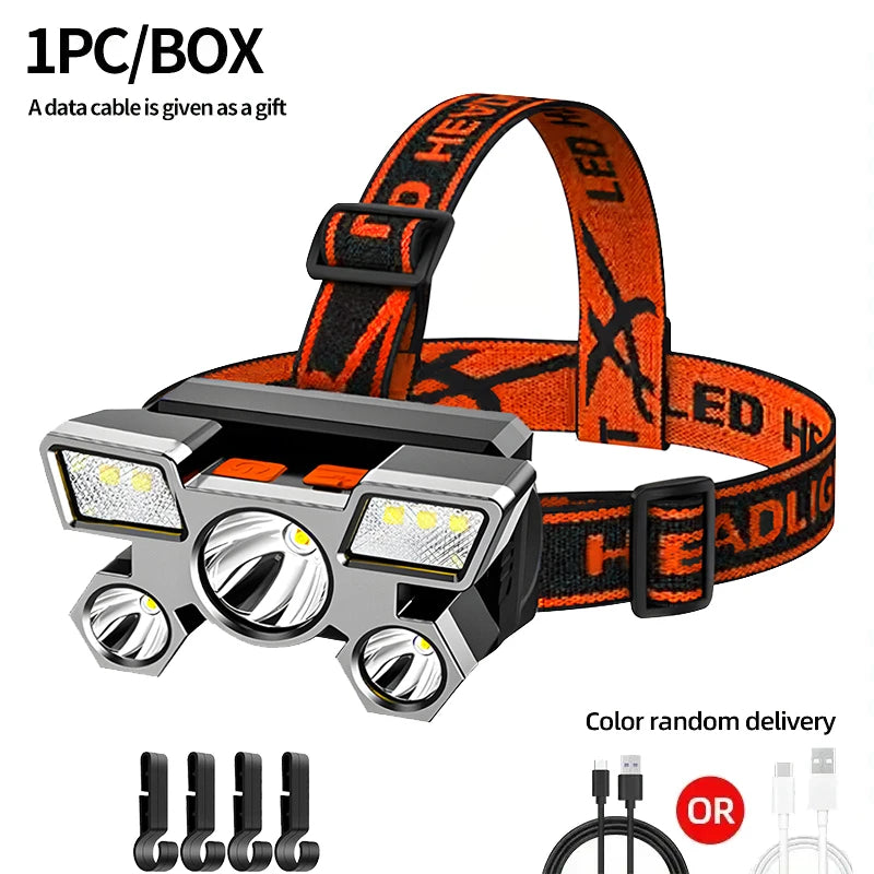 5 LED Flashlight Rechargeable with Built in Lithium Battery Strong Head Light Camping Adventure Fishing Cycling Headlamp