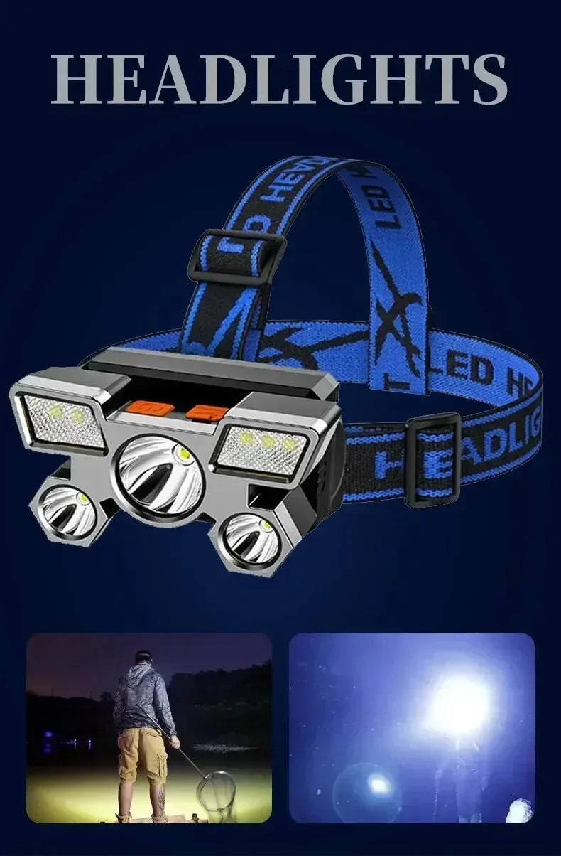 5 LED Flashlight Rechargeable with Built in Lithium Battery Strong Head Light Camping Adventure Fishing Cycling Headlamp
