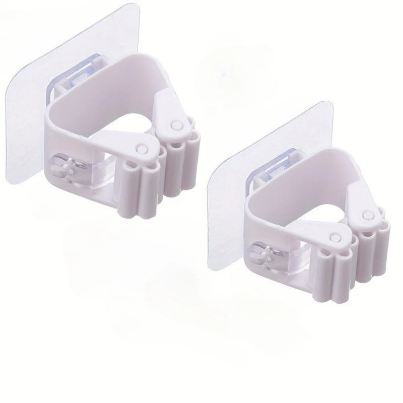 2PCS Wall Mounted Mop & Broom Holder, No Drill Organizer, Strong Adhesive Hanger, Bathroom Mop Clip Organizer