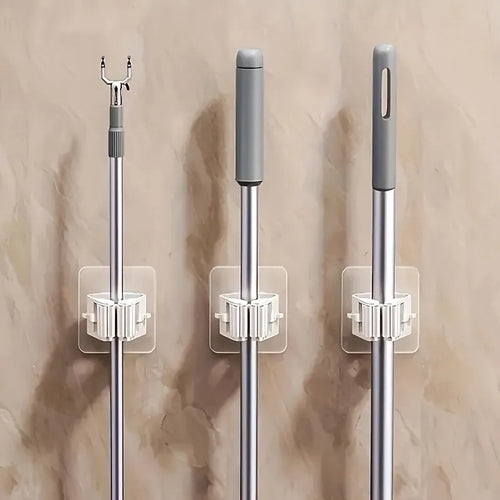 2PCS Wall Mounted Mop & Broom Holder, No Drill Organizer, Strong Adhesive Hanger, Bathroom Mop Clip Organizer