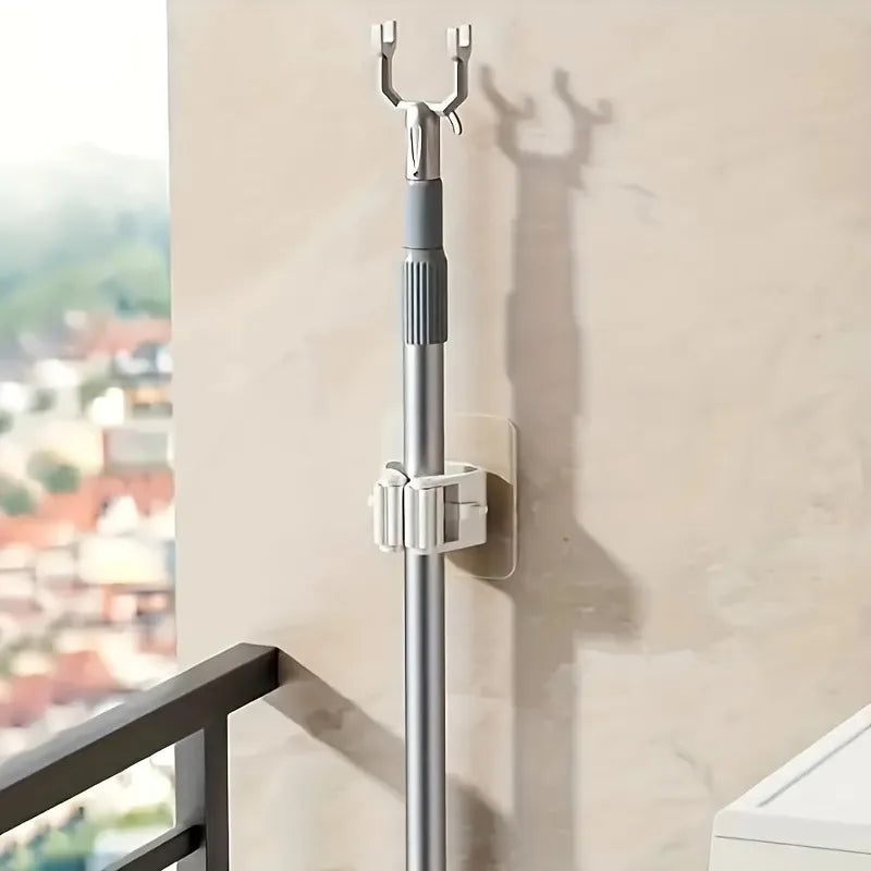 2PCS Wall Mounted Mop & Broom Holder, No Drill Organizer, Strong Adhesive Hanger, Bathroom Mop Clip Organizer