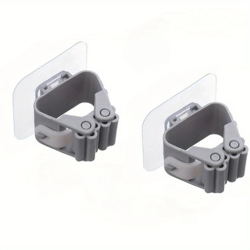 2PCS Wall Mounted Mop & Broom Holder, No Drill Organizer, Strong Adhesive Hanger, Bathroom Mop Clip Organizer