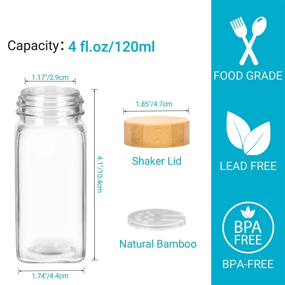 12 Pcs Glass Spice Jars with Bamboo Lids Include with Minimalist Spice Labels Stickers Collapsible Funnel Kitchen Spice Jar Set