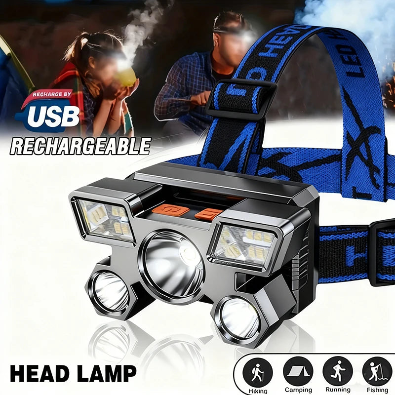 5 LED Flashlight Rechargeable with Built in Lithium Battery Strong Head Light Camping Adventure Fishing Cycling Headlamp