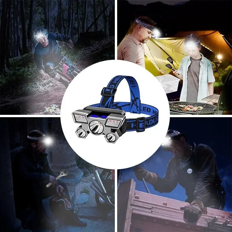 5 LED Flashlight Rechargeable with Built in Lithium Battery Strong Head Light Camping Adventure Fishing Cycling Headlamp