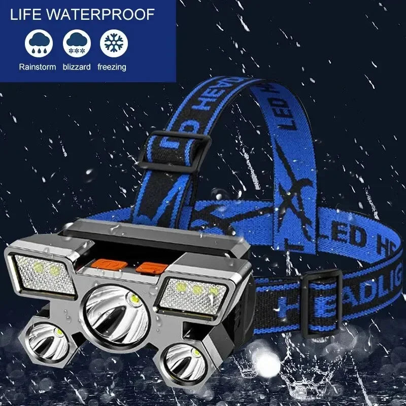 5 LED Flashlight Rechargeable with Built in Lithium Battery Strong Head Light Camping Adventure Fishing Cycling Headlamp