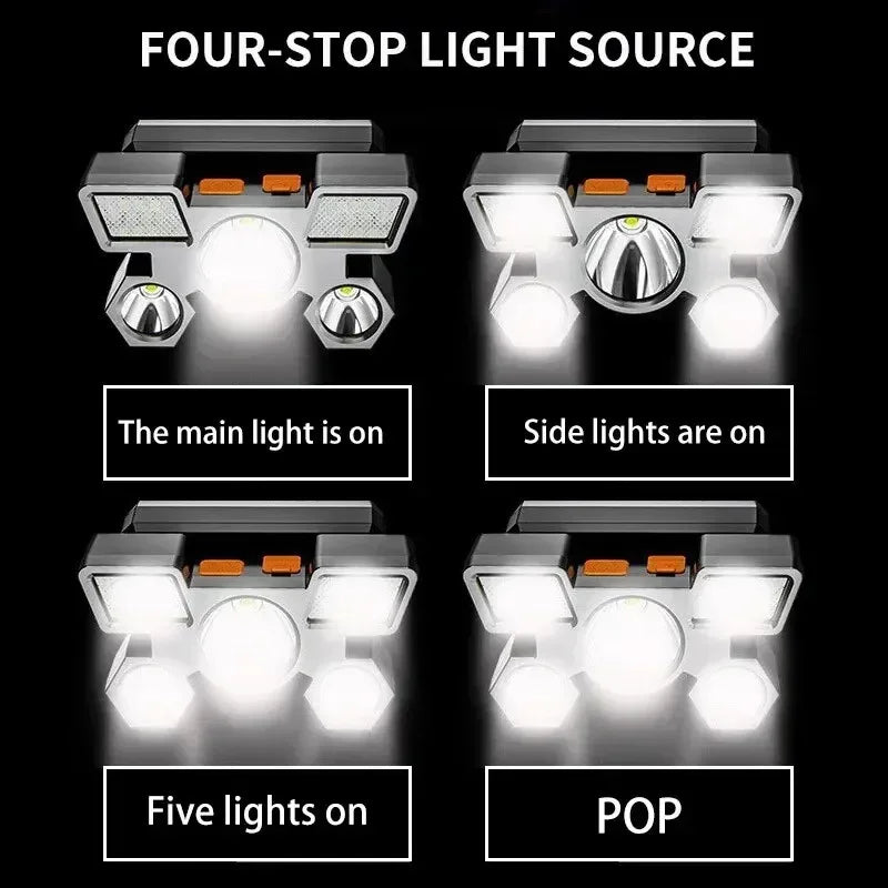 5 LED Flashlight Rechargeable with Built in Lithium Battery Strong Head Light Camping Adventure Fishing Cycling Headlamp