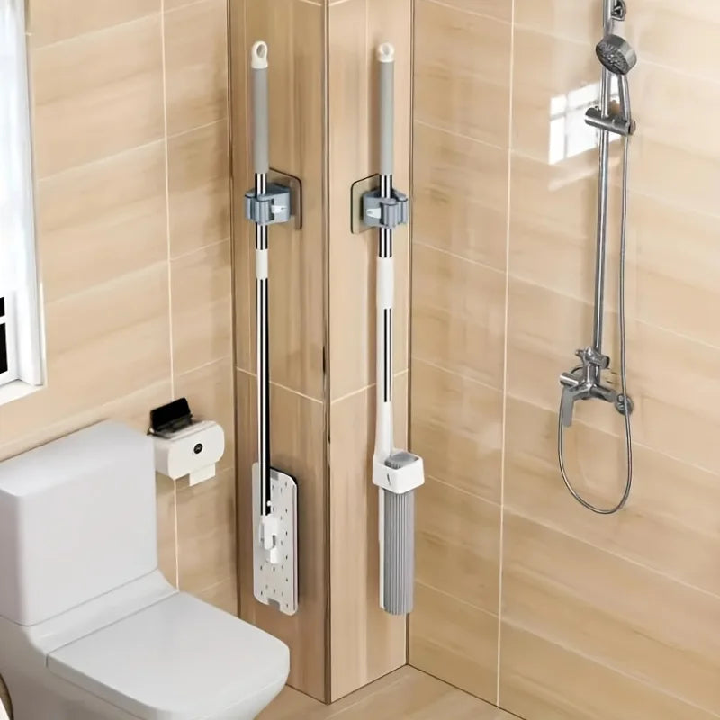 2PCS Wall Mounted Mop & Broom Holder, No Drill Organizer, Strong Adhesive Hanger, Bathroom Mop Clip Organizer
