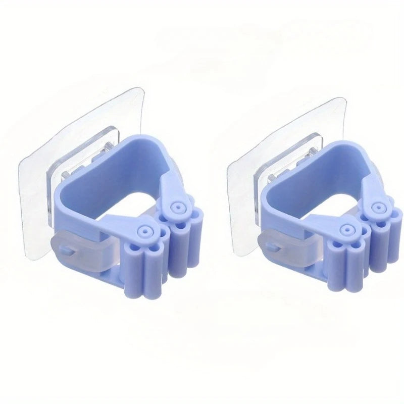 2PCS Wall Mounted Mop & Broom Holder, No Drill Organizer, Strong Adhesive Hanger, Bathroom Mop Clip Organizer