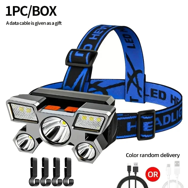 5 LED Flashlight Rechargeable with Built in Lithium Battery Strong Head Light Camping Adventure Fishing Cycling Headlamp