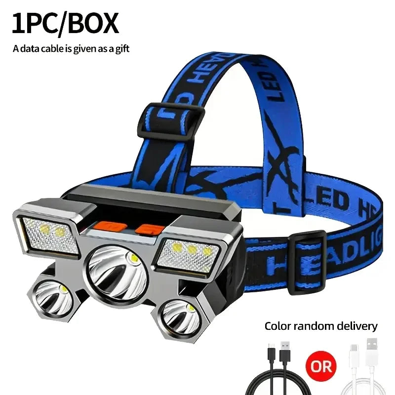 5 LED Flashlight Rechargeable with Built in Lithium Battery Strong Head Light Camping Adventure Fishing Cycling Headlamp