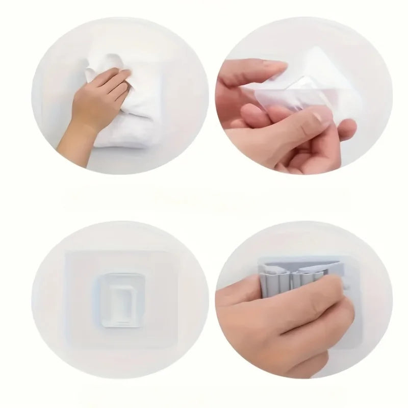 2PCS Wall Mounted Mop & Broom Holder, No Drill Organizer, Strong Adhesive Hanger, Bathroom Mop Clip Organizer