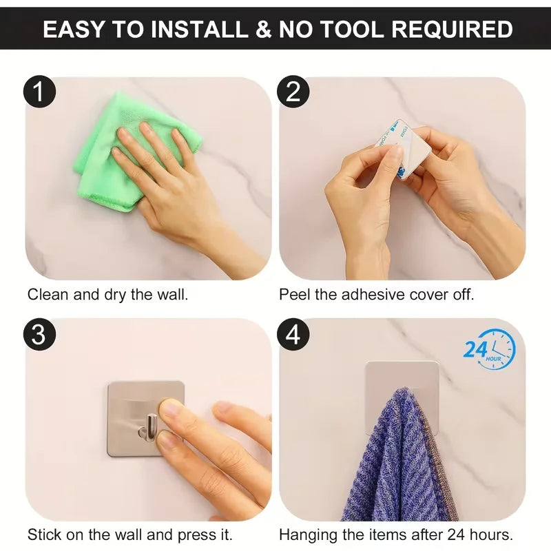 Stainless Steel 3M Self Adhesive Hooks Sticky Wall Door Hook Robe Tea Towel Rustproof Towel Rack, Clothes Coat Hanger