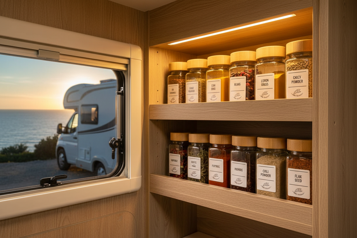 12 glass spice jars with bamboo lids organised in a motorhome cupboard with clifftop view
