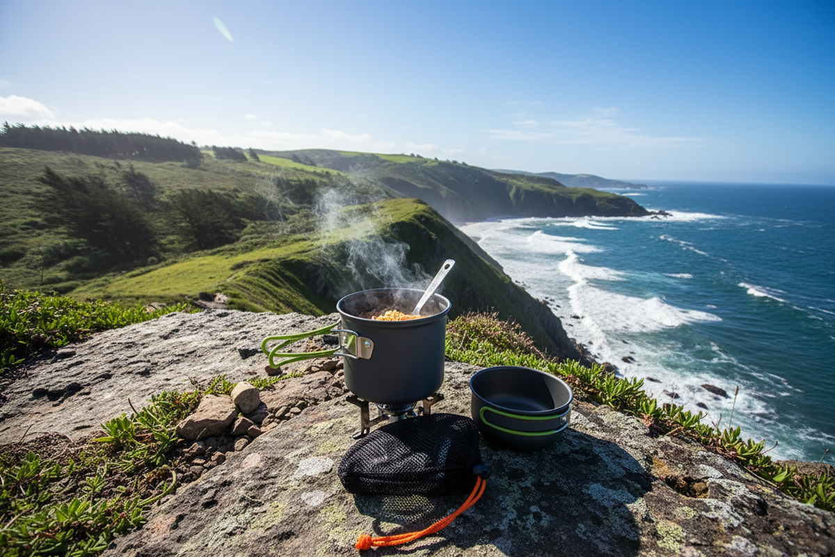 Camping cookware set on a clifftop overlooking a dramatic coastal landscape