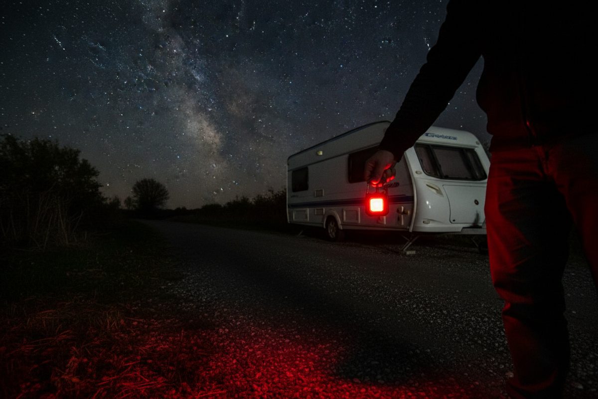 Person using COB keychain light in red SOS mode on a dark country lane beside a parked caravan