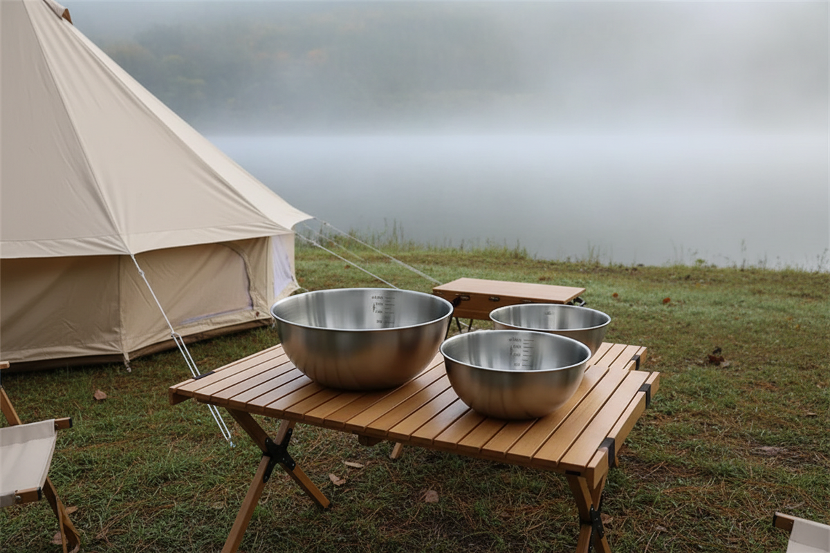 Three stainless steel mixing bowls in small, medium and large sizes on a camping table outside a tent by a misty lake