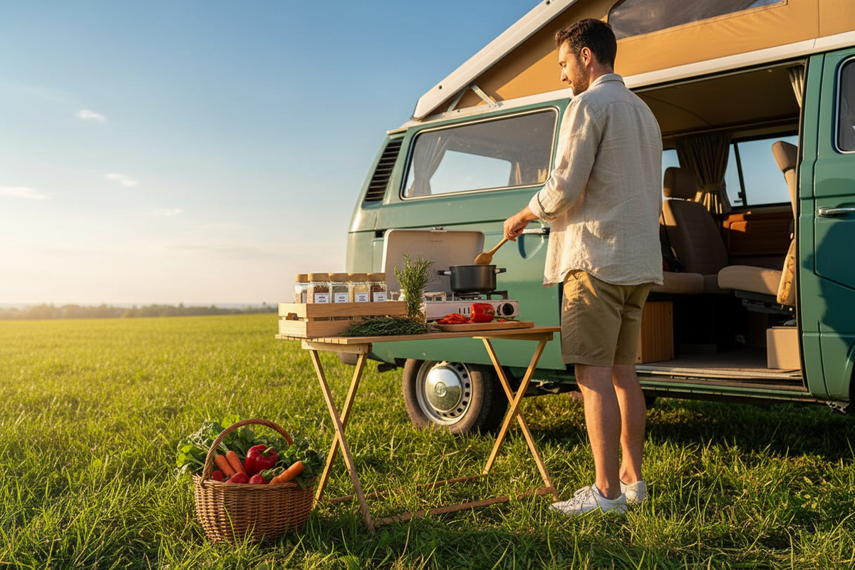 12 glass spice jars with bamboo lids on a wooden camping table outside a campervan in a sunny meadow