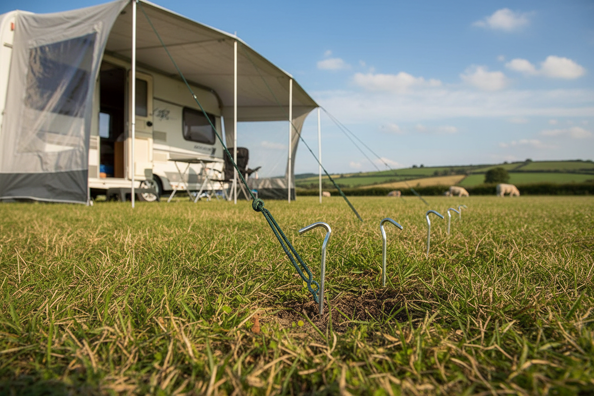 Caravan awning secured with aluminium tent pegs at a scenic British campsite with rolling hills