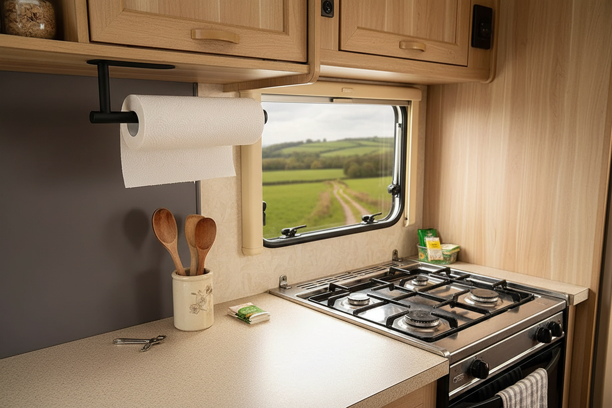 Black adhesive kitchen roll holder mounted under a cupboard in a realistic British caravan galley kitchen