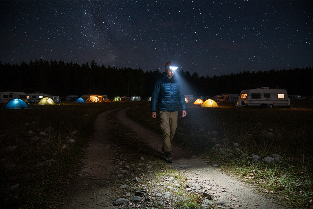 Person wearing a rechargeable LED headlamp walking along a dark campsite path at night