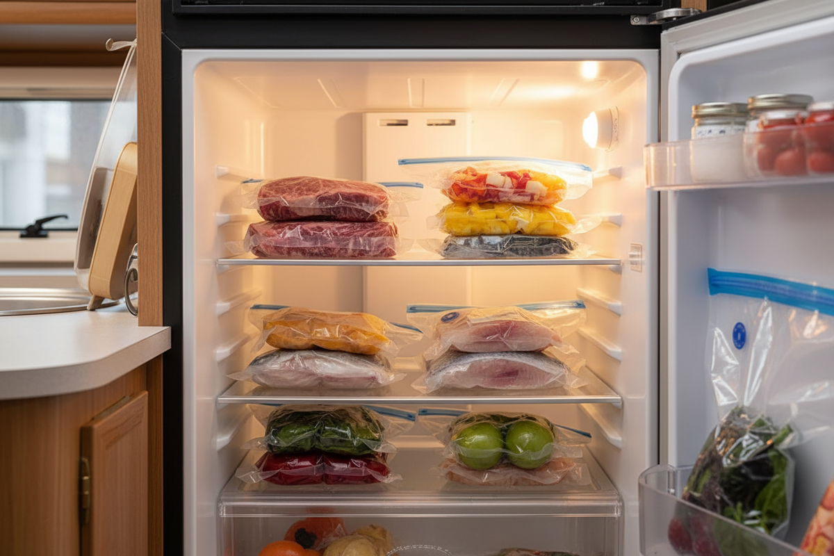 Vacuum packed reusable bags neatly stacked inside a compact caravan fridge
