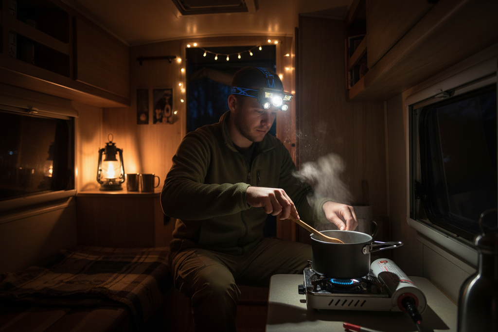 Person wearing a rechargeable LED headlamp while cooking on a gas stove inside a dark caravan at night