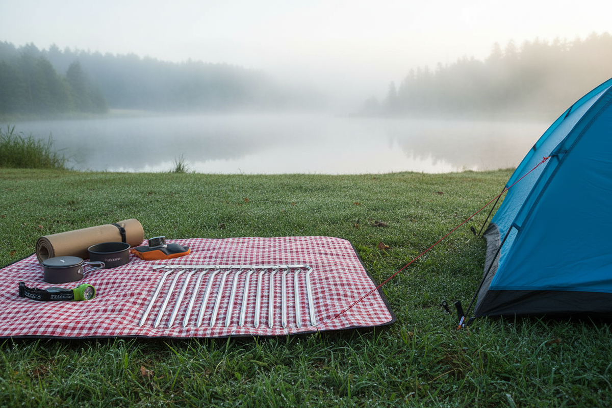 Flat lay of lightweight aluminium tent pegs on a picnic blanket beside a tent at a misty lakeside campsite