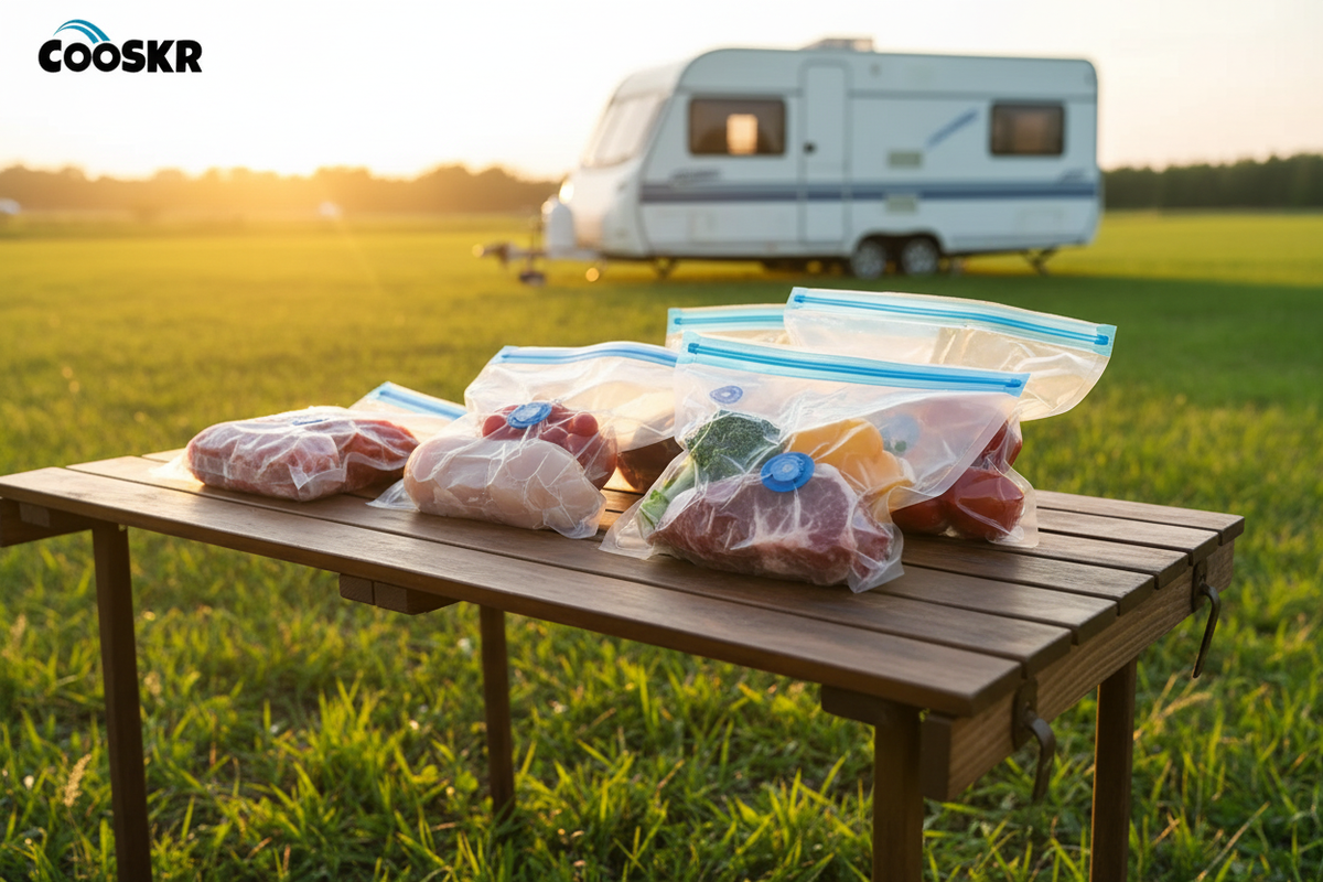 Vacuum packed reusable bags with fresh vegetables on a camping table outside a caravan in a sunny meadow