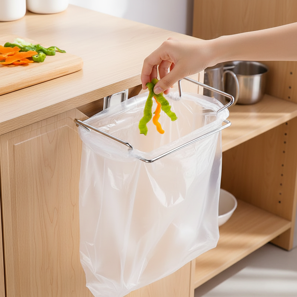 Kitchen Hanging Garbage Bag Rack – Stainless Steel Cabinet Hook