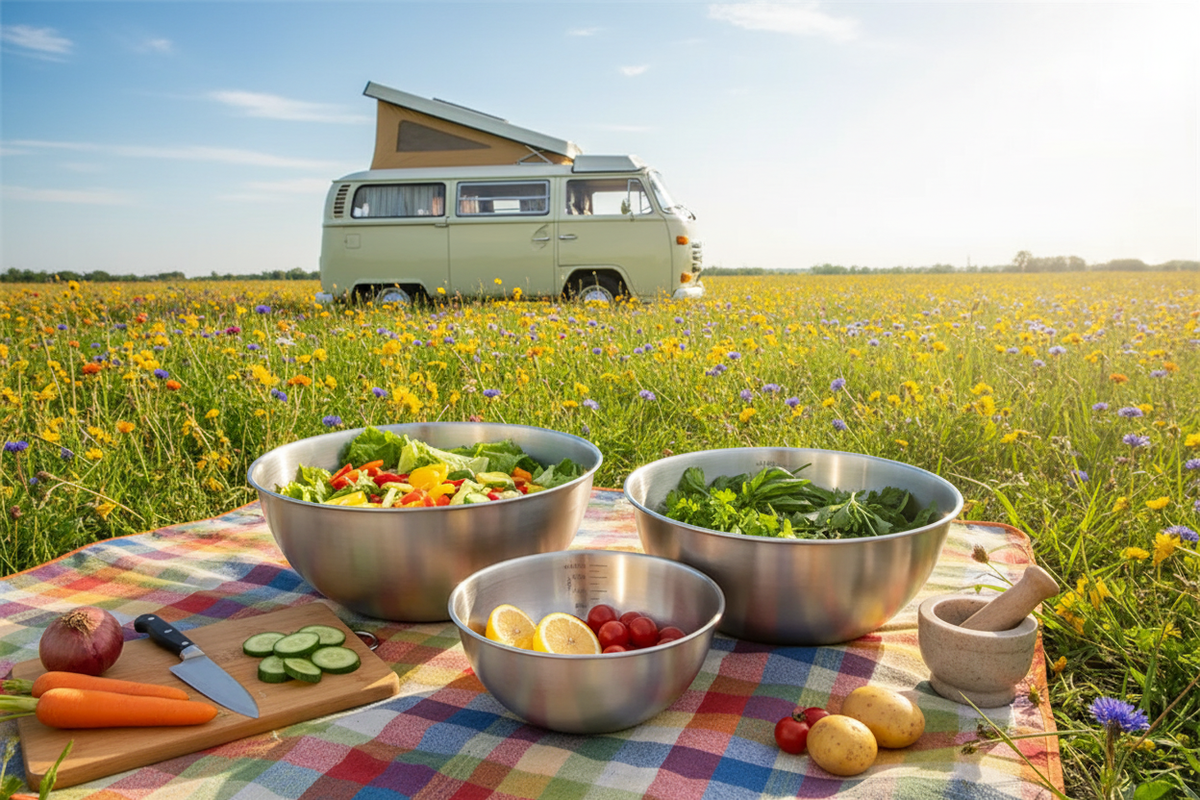 Three stainless steel mixing bowls in small, medium and large sizes on a picnic blanket outside a campervan in a sunny meadow