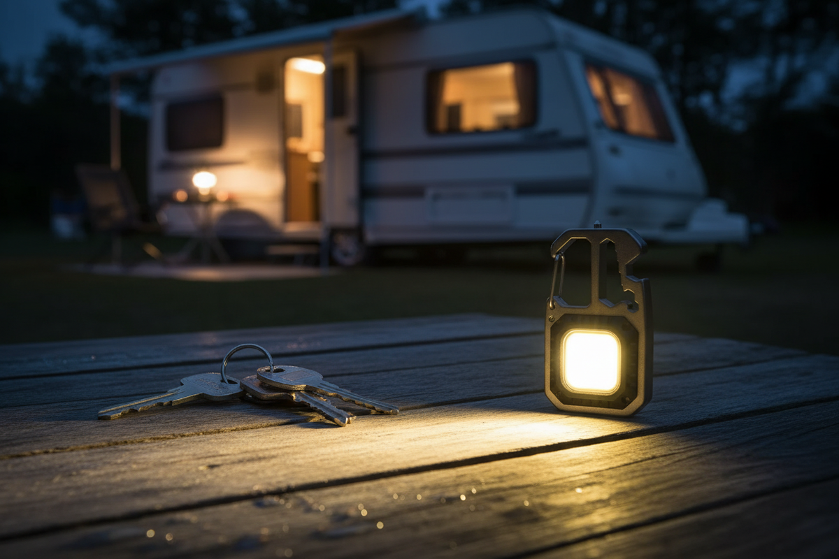 Small COB keychain light clipped onto caravan keys on a camping table glowing at night