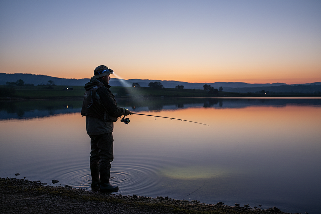 Person wearing a rechargeable LED headlamp while fishing at a lake at dusk
