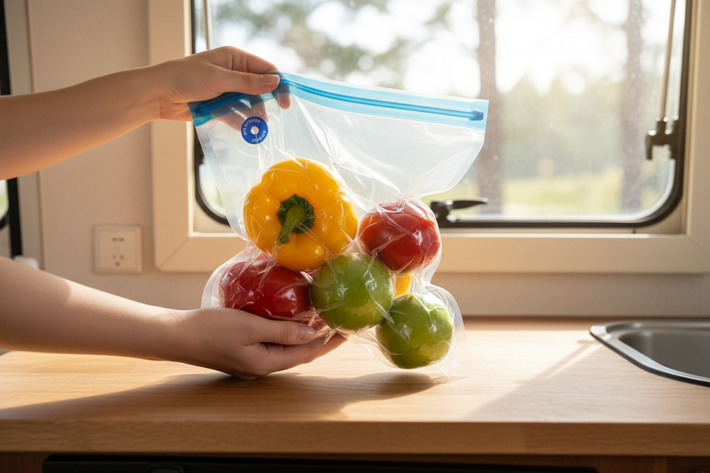 Hands holding a visibly vacuum packed clear bag with fresh vegetables in a campervan kitchen