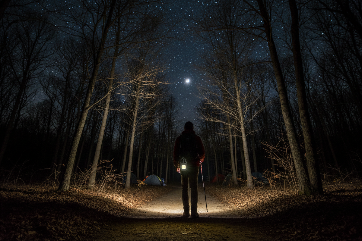 COB keychain light clipped to a backpack strap glowing on a night hike through a forest campsite