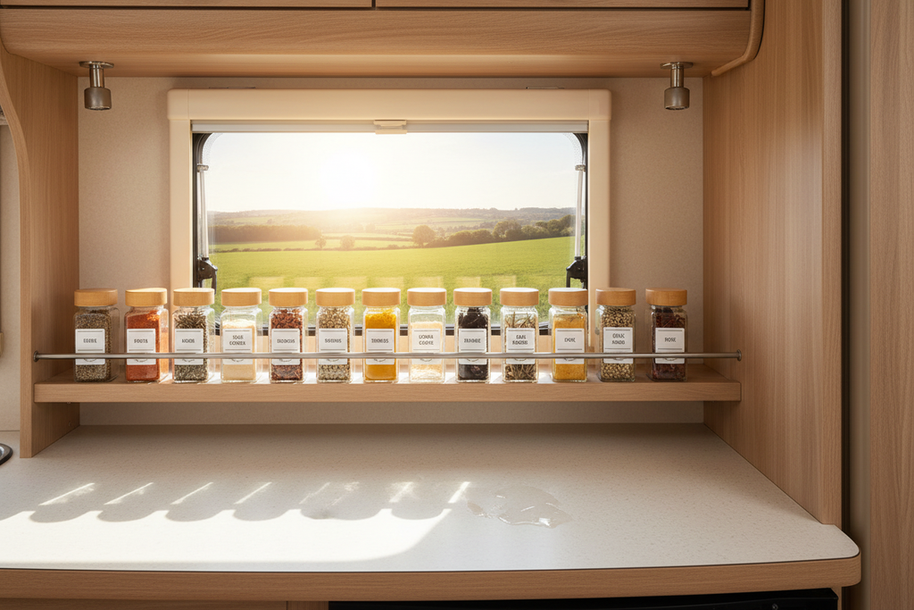12 glass spice jars with bamboo lids in a neat row on a realistic caravan kitchen shelf