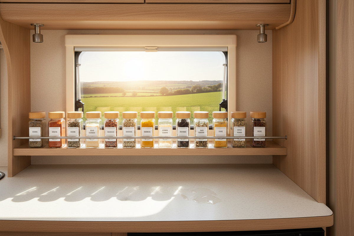 12 glass spice jars with bamboo lids in a neat row on a realistic caravan kitchen shelf