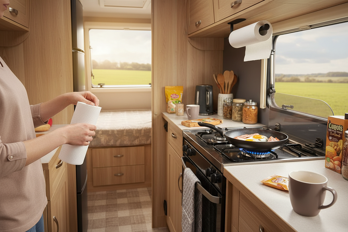 Person tearing a sheet from a black adhesive kitchen roll holder while cooking on a caravan hob