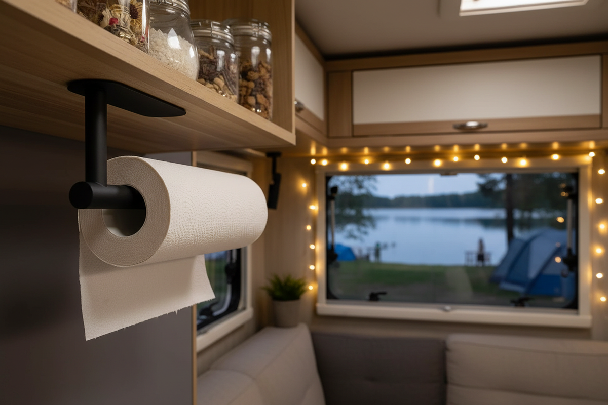 Black adhesive kitchen roll holder in a cosy motorhome at lakeside dusk with fairy lights