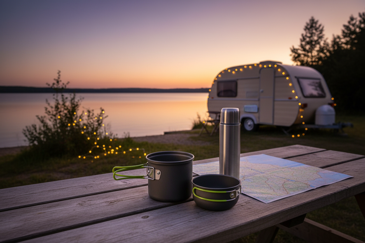 Compact camping cookware set on a wooden table beside a lakeside caravan at dusk
