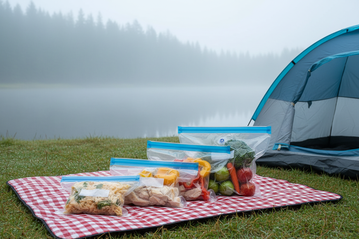 Three sizes of vacuum packed bags laid on a picnic blanket beside a tent at a misty lakeside campsite