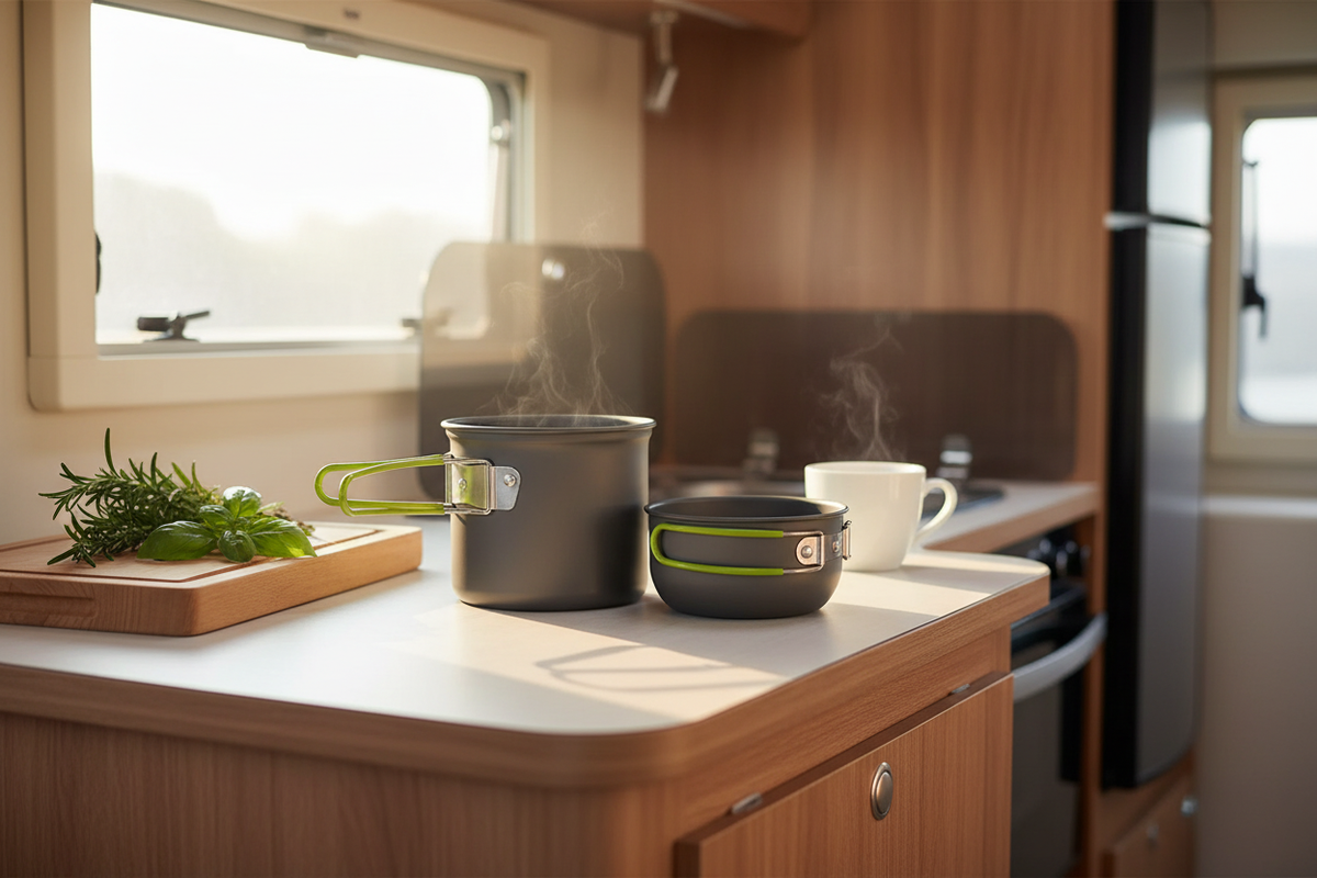 Compact camping cookware set inside a cosy motorhome kitchen with warm morning light