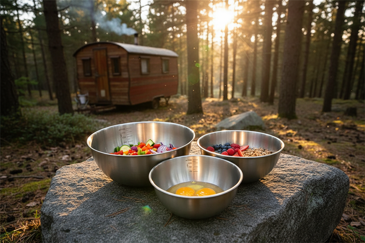 Three stainless steel mixing bowls in small, medium and large sizes on a rock in a sunlit forest clearing with a caravan in the background