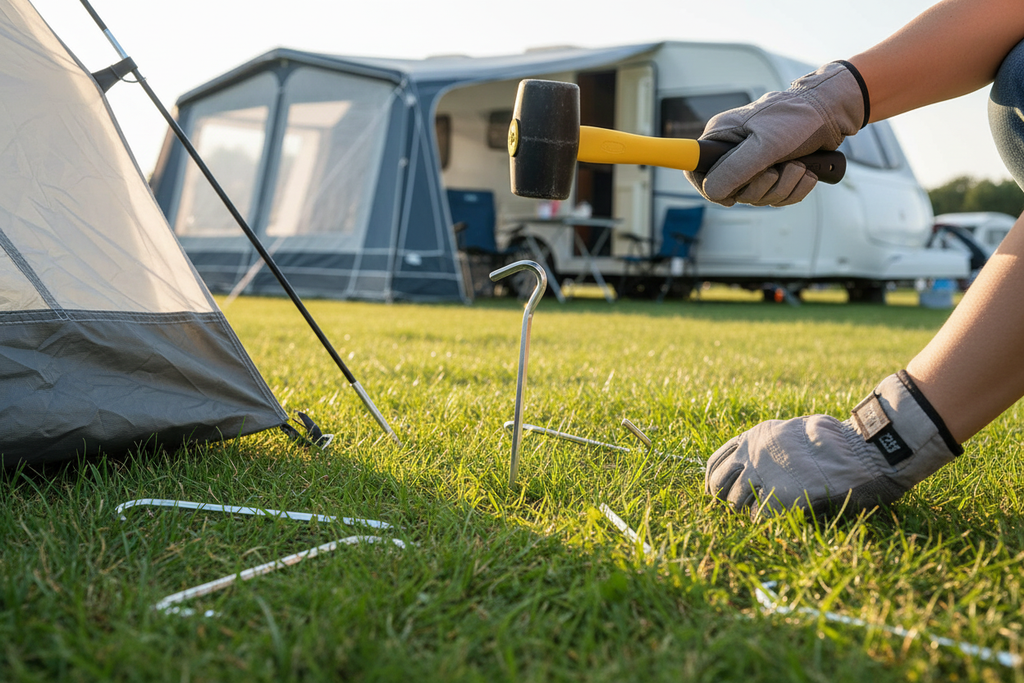 Hands hammering a lightweight aluminium tent peg into grass beside a caravan awning at a sunny British campsite