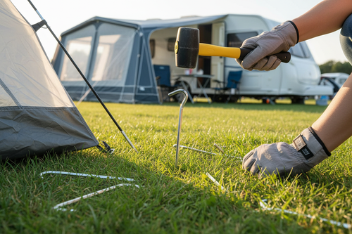 Hands hammering a lightweight aluminium tent peg into grass beside a caravan awning at a sunny British campsite